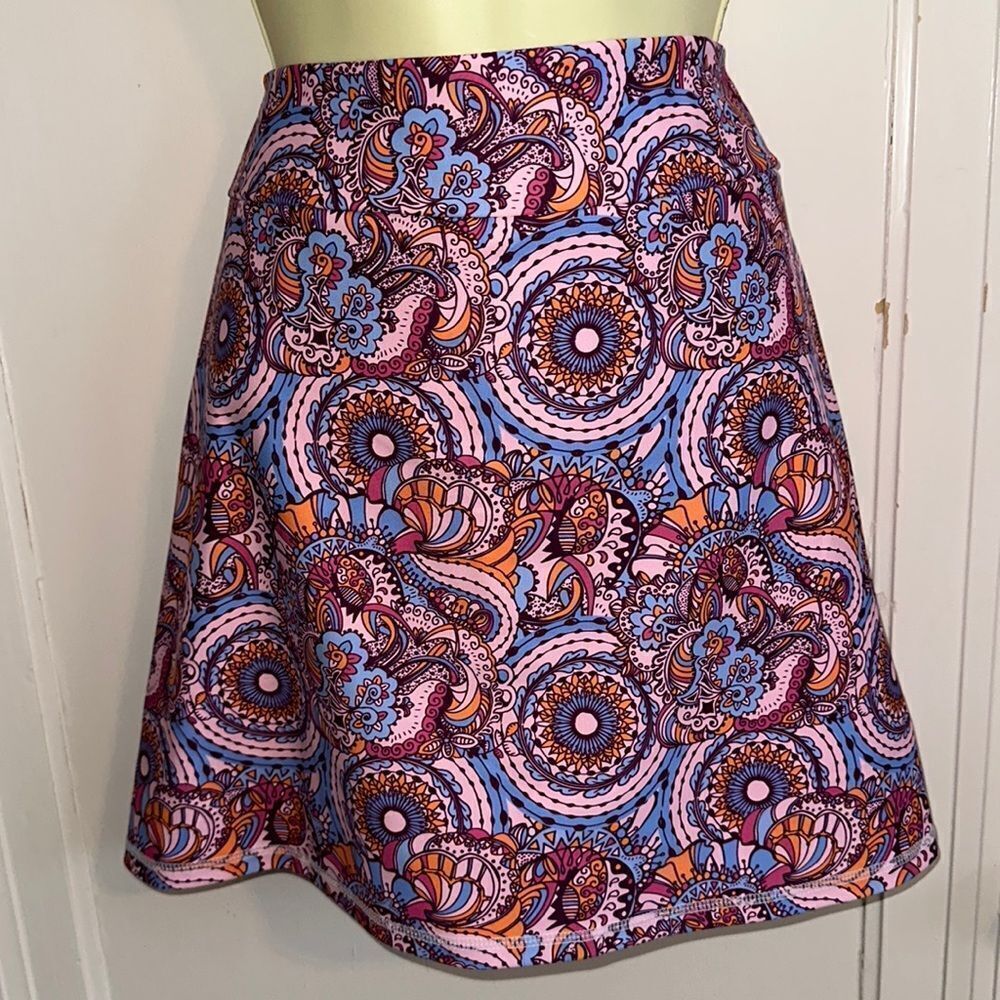 LouKeith pink, light blue‎ & orange paisley print nylon spandex skort